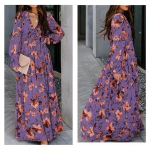 Purple Floral Long Sleeve Bohemian Boho Loose Maxi Dress